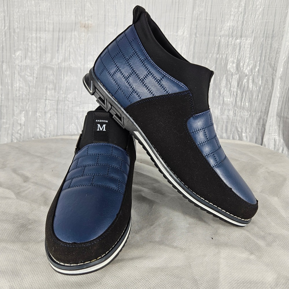 Fashion M Mens 11 Blue Black Quilted Faux Fur Lined Slip On Mid Top Loafers NWOT